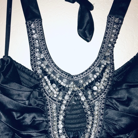 Little Black Silky Sexy Dress with Rhinestones - Picture 4 of 8